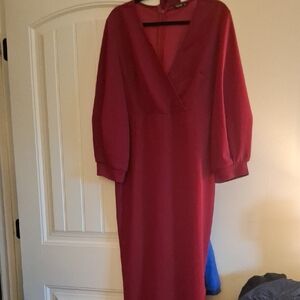 Long Sleeve V-Neck Red Midi Dress
